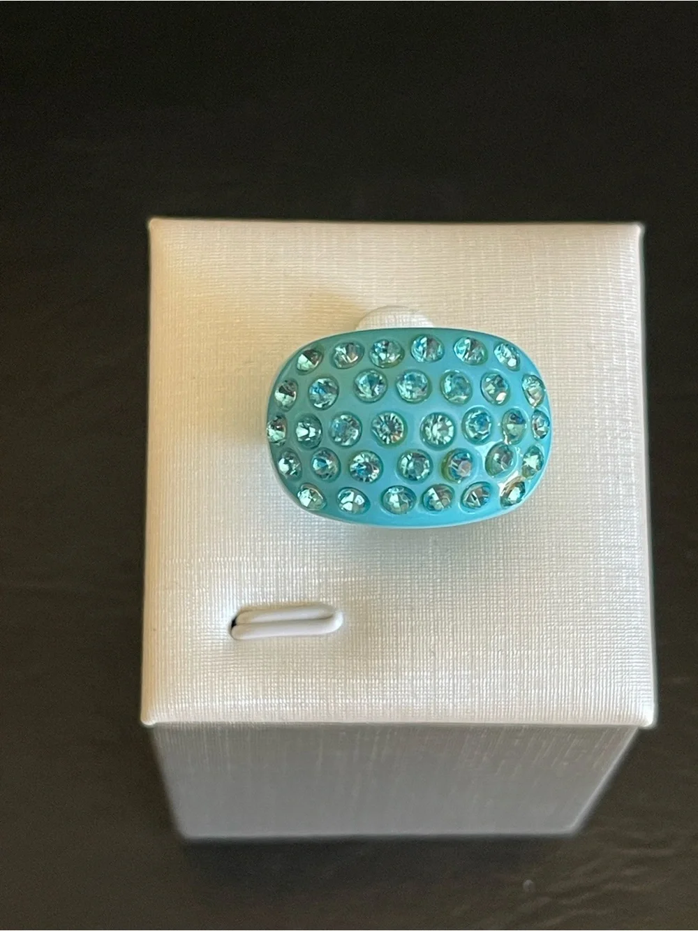 Vintage Aqua blue lucite rhinestone ring.